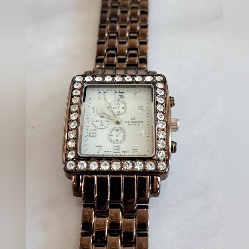 Elegant Silver and Brown Watch with Crystal Accents